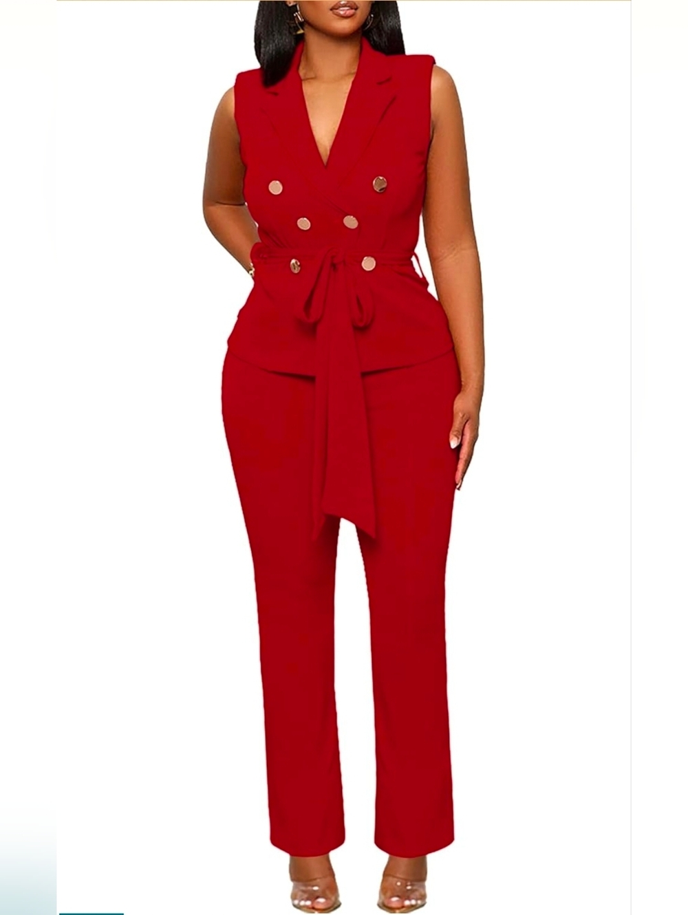 Sleeveless Red Double-Breasted Pant Suit with Waist Tie